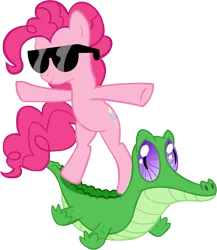 Size: 913x1051 | Tagged: safe, artist:wcctnoam, deleted from derpibooru, derpibooru import, gummy, pinkie pie, pony, a royal problem, bipedal, dream orbs, simple background, sunglasses, surfing, t pose, transparent background, vector, windswept mane