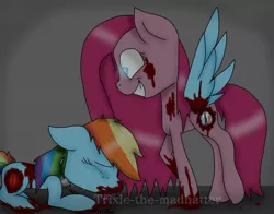 Size: 1414x1111 | Tagged: grimdark, artist:trixie-the-madhatter, derpibooru import, pinkie pie, rainbow dash, earth pony, pegasus, pony, fanfic, fanfic:cupcakes, amputation, blood, chains, collar, creepy, creepy grin, crying, duo, fanfic art, female, grin, mare, pinkamena diane pie, smiling, torture, wings