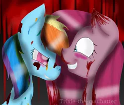 Size: 1313x1111 | Tagged: grimdark, artist:trixie-the-madhatter, derpibooru import, pinkie pie, rainbow dash, earth pony, pegasus, pony, fanfic, fanfic:cupcakes, fanfic:rainbow factory, blood, creepy, creepy grin, crossover, duo, fanfic art, female, grin, looking at each other, mare, pinkamena diane pie, rainbow factory dash, smiling