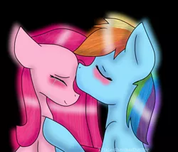 Size: 1414x1212 | Tagged: safe, artist:trixie-the-madhatter, derpibooru import, pinkie pie, rainbow dash, earth pony, pegasus, pony, black background, blushing, crying, eyes closed, female, forehead kiss, kissing, lesbian, mare, pinkamena diane pie, pinkiedash, shipping, simple background