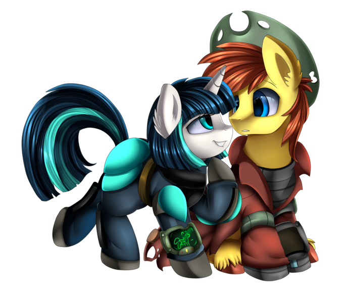 Size: 2681x2370 | Tagged: safe, artist:pridark, derpibooru import, oc, oc:applejuice, oc:dragonfire, unofficial characters only, pony, fallout equestria, fallout equestria: child of the stars, fallout equestria: zeta aftermath, clothes, commission, cowboy hat, fallout, female, hat, looking at each other, male, mare, oc x oc, shipping, simple background, stallion, stetson, transparent background