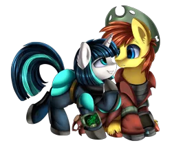 Size: 2681x2370 | Tagged: safe, artist:pridark, derpibooru import, oc, oc:applejuice, oc:dragonfire, unofficial characters only, pony, fallout equestria, fallout equestria: child of the stars, fallout equestria: zeta aftermath, clothes, commission, cowboy hat, fallout, female, hat, looking at each other, male, mare, oc x oc, shipping, simple background, stallion, stetson, transparent background