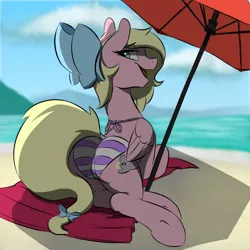 Size: 1000x1000 | Tagged: suggestive, artist:kennzeichen, derpibooru import, oc, oc:bay breeze, unofficial characters only, pony, beach, beach umbrella, bikini, clothes, commission, panties, striped underwear, summer, swimsuit, umbrella, underwear, ych result