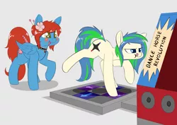 Size: 3507x2480 | Tagged: safe, derpibooru import, oc, oc:ravebounce, oc:sureibu, unofficial characters only, earth pony, pegasus, pony, choker, commission, cute, dance dance revolution, dancing, female, flower, flower in hair, gray background, mare, ocbetes, raised hoof, raised leg, rhythm game, simple background, smiling, tongue out, video game