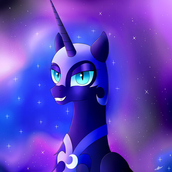 Size: 1474x1474 | Tagged: safe, artist:ollofkyser, derpibooru import, nightmare moon, alicorn, pony, bust, lidded eyes, looking at you, portrait, smiling, solo, stars, teeth