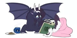 Size: 1200x600 | Tagged: artist:curiouskeys, book, cthulhu, derpibooru import, draconequus, hybrid, interspecies offspring, next generation, oc, oc:asteria, offspring, parent:discord, parent:princess luna, parents:lunacord, reading, request, safe, simple background, solo, spread wings, unofficial characters only, white background, wings