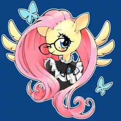 Size: 1000x1000 | Tagged: safe, artist:unousaya, derpibooru import, fluttershy, pegasus, pony, blushing, clothes, cute, female, glasses, looking at you, mare, one eye closed, shyabetes, smiling, solo, spread wings, wings, wink