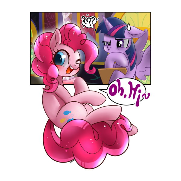 Size: 1000x1000 | Tagged: safe, artist:renokim, derpibooru import, pinkie pie, twilight sparkle, twilight sparkle (alicorn), alicorn, earth pony, pony, blushing, design, dialogue, duo, female, fourth wall, mare, one eye closed, shirt design, simple background, smiling, transparent background, wink