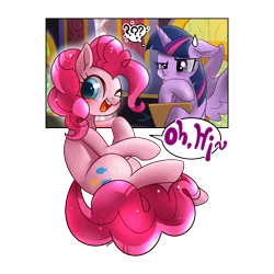 Size: 1000x1000 | Tagged: safe, artist:renokim, derpibooru import, pinkie pie, twilight sparkle, twilight sparkle (alicorn), alicorn, earth pony, pony, blushing, design, dialogue, duo, female, fourth wall, mare, one eye closed, shirt design, simple background, smiling, transparent background, wink