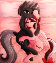 Size: 2078x2345 | Tagged: safe, artist:fluffymaiden, derpibooru import, oc, oc:cherry blossom, oc:shurelya, unofficial characters only, pegasus, pony, unicorn, commission, cuddling, cute, female, lesbian, mare, ocbetes