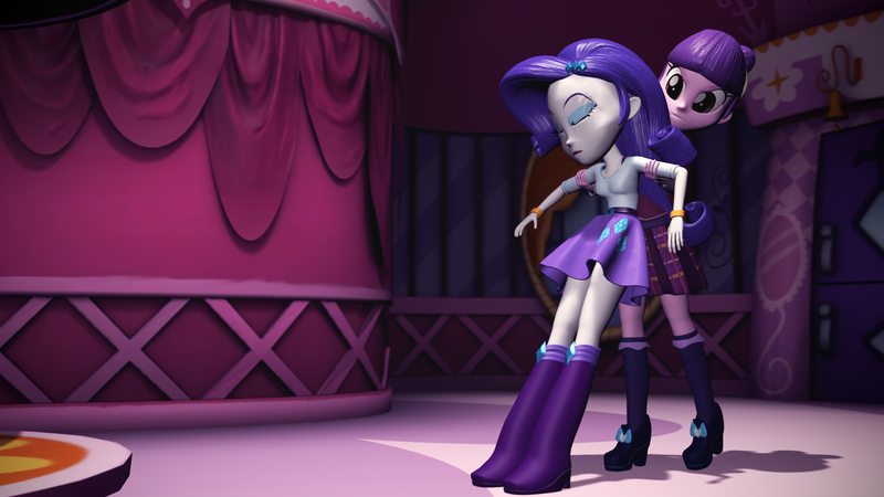 Size: 1920x1080 | Tagged: questionable, artist:razethebeast, derpibooru import, rarity, suri polomare, equestria girls, 3d, boots, breasts, carousel boutique, clothes, crystal prep academy uniform, duo, high heel boots, high heels, pleated skirt, school uniform, shoes, skirt, socks, source filmmaker, unconscious