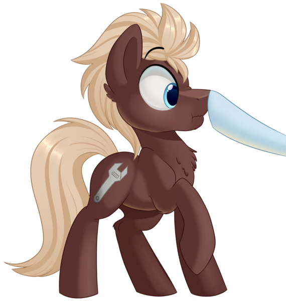 Size: 1056x1111 | Tagged: safe, artist:thegamblehorse, deleted from derpibooru, derpibooru import, oc, oc:spanner, unofficial characters only, earth pony, pony, boop, chest fluff, commission, cute, male, offscreen character, scrunchy face, side view, simple background, solo focus, stallion, transparent background