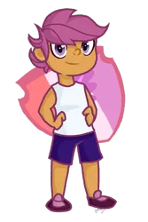 Size: 666x1000 | Tagged: artist:libbythekautz, cutie mark, derpibooru import, female, hand on hip, human, humanized, looking at you, pony coloring, safe, scootaloo, simple background, solo, the cmc's cutie marks, transparent background