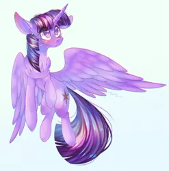Size: 1024x1035 | Tagged: safe, artist:akimi--chan, artist:mediasmile666, derpibooru import, twilight sparkle, twilight sparkle (alicorn), alicorn, pony, cheek fluff, chest fluff, collaboration, colored pupils, ear fluff, female, flying, gradient background, impossibly large chest fluff, mare, solo