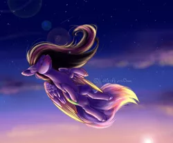 Size: 4500x3727 | Tagged: safe, artist:akimi--chan, derpibooru import, oc, oc:bella cat, unofficial characters only, pegasus, pony, absurd resolution, eyes closed, female, flying, mare, sky, solo, stars, twilight (astronomy), windswept mane