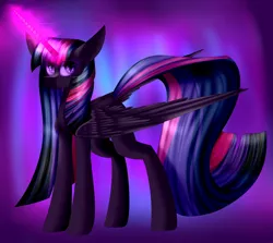 Size: 900x802 | Tagged: safe, artist:mediasmile666, derpibooru import, twilight sparkle, twilight sparkle (alicorn), alicorn, pony, abstract background, colored pupils, female, glowing horn, looking at you, magic, mare, nightmare sparkle, nightmare twilight, nightmarified, slit eyes, smiling, smirk, solo