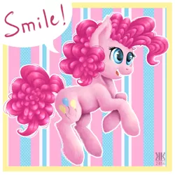 Size: 2000x2000 | Tagged: safe, artist:lol-katrina, derpibooru import, pinkie pie, earth pony, pony, abstract background, colored pupils, dialogue, female, happy, mare, smiling, solo