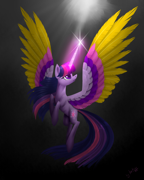 Size: 2000x2500 | Tagged: safe, artist:lol-katrina, derpibooru import, twilight sparkle, twilight sparkle (alicorn), alicorn, pony, black background, colored pupils, colored wings, female, flying, glowing horn, magic, mare, multicolored wings, simple background, solo, spread wings, wings