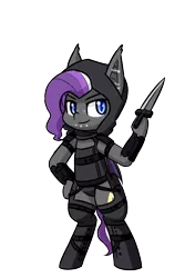 Size: 600x900 | Tagged: safe, artist:rice, derpibooru import, oc, oc:splash, unofficial characters only, bat pony, pony, armor, dagger, ear piercing, female, hood, leather armor, leather straps, lip piercing, mare, piercing, rogue, short tail, smolpone, weapon