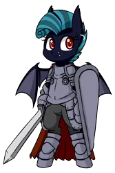 Size: 600x900 | Tagged: safe, artist:rice, derpibooru import, oc, oc:midnight chastise, unofficial characters only, bat pony, pony, armor, bat wings, cape, clothes, ear piercing, earring, fangs, female, jewelry, kite shield, lip piercing, mare, medieval, piercing, shield, sword, tall pone, weapon