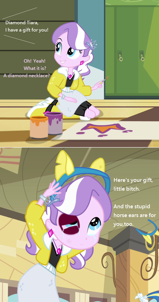 Size: 744x1408 | Tagged: semi-grimdark, derpibooru import, edit, edited screencap, screencap, diamond tiara, equestria girls, abuse, abuse edit, background pony strikes again, black eye, eqg abuse edits, female, tiarabuse, vulgar