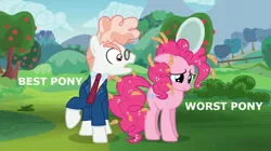 Size: 1280x715 | Tagged: safe, derpibooru import, edit, edited screencap, screencap, pinkie pie, svengallop, earth pony, pony, the mane attraction, apple tree, background pony strikes again, best pony, blatant lies, caption, duo, know the difference, raised hoof, sad, tree, worst pony