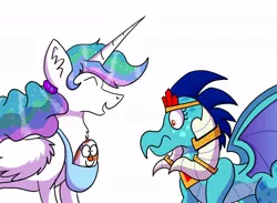 Size: 1024x750 | Tagged: safe, artist:numbuh-27, derpibooru import, princess celestia, princess ember, alicorn, dragon, pony, chest fluff, crown, ear fluff, egg, emberlestia, eyes closed, female, frown, horn jewelry, jewelry, lesbian, magical lesbian spawn, mare, offspring, open mouth, regalia, shipping, simple background, smiling, spread wings, white background, wide eyes, wing fluff, wings