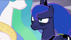 Size: 500x281 | Tagged: safe, derpibooru import, screencap, princess celestia, princess luna, alicorn, pony, a royal problem, angry, animated, bags under eyes, discovery family logo, eye bag, female, gif, jewelry, mare, regalia, royal sisters, sisters, talking, tired