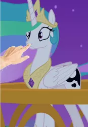 Size: 388x558 | Tagged: safe, derpibooru import, edit, edited screencap, screencap, princess celestia, pony, a royal problem, boop, boop edit, bronybait, cropped, cute, cutelestia, hand, meta, solo, swapped cutie marks, this will end in hugs