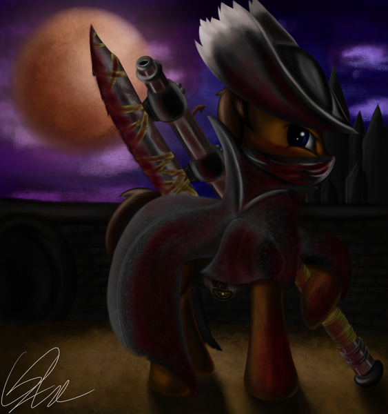 Size: 1500x1600 | Tagged: semi-grimdark, artist:qbellas, derpibooru import, oc, unofficial characters only, pony, blood, bloodborne, moon, spear, weapon