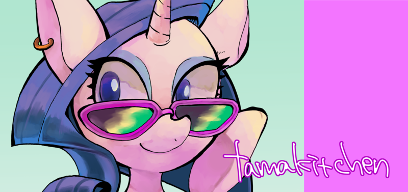 Size: 3000x1415 | Tagged: safe, artist:tamaki, derpibooru import, rarity, pony, unicorn, ear piercing, earring, glasses, jewelry, piercing, simple background, solo