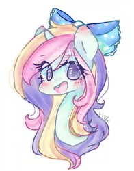 Size: 521x666 | Tagged: safe, artist:windymils, derpibooru import, oc, oc:cindy sofia, unofficial characters only, pony, unicorn, blushing, bow, bust, hair bow, portrait, simple background, solo, white background