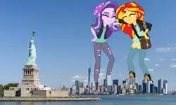 Size: 2880x1726 | Tagged: safe, artist:cmwaters, artist:seahawk270, derpibooru import, starlight glimmer, sunset shimmer, equestria girls, mirror magic, spoiler:eqg specials, city, clothes, giantess, macro, new york city, one world trade center, statue of liberty