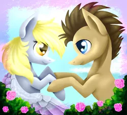 Size: 2200x2000 | Tagged: safe, artist:lol-katrina, derpibooru import, derpy hooves, doctor whooves, time turner, earth pony, pegasus, pony, colored pupils, doctorderpy, female, flower, holding hooves, looking at each other, male, mare, shipping, stallion, straight