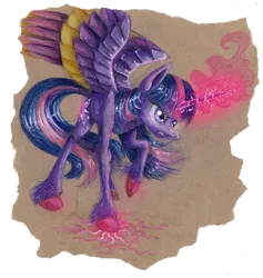 Size: 2236x2356 | Tagged: safe, artist:lol-katrina, derpibooru import, twilight sparkle, twilight sparkle (alicorn), alicorn, pony, angry, colored wings, female, glowing horn, magic, mare, multicolored wings, raised hoof, solo, spread wings, unshorn fetlocks, wings