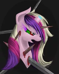 Size: 2000x2516 | Tagged: grimdark, artist:lol-katrina, derpibooru import, princess cadance, alicorn, pony, black background, blood, broken horn, bust, female, impalement, mare, portrait, simple background, solo, sombra eyes, sword, weapon