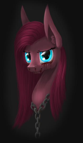 Size: 1258x2160 | Tagged: grimdark, artist:lol-katrina, derpibooru import, pinkie pie, earth pony, pony, black background, blood, bust, chains, crying, female, mare, pinkamena diane pie, portrait, simple background, solo, tears of blood