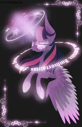 Size: 1836x2829 | Tagged: safe, artist:lol-katrina, derpibooru import, twilight sparkle, twilight sparkle (alicorn), alicorn, pony, black background, blackletter, eyes closed, female, glowing horn, magic, magic circle, mare, runes, simple background, solo