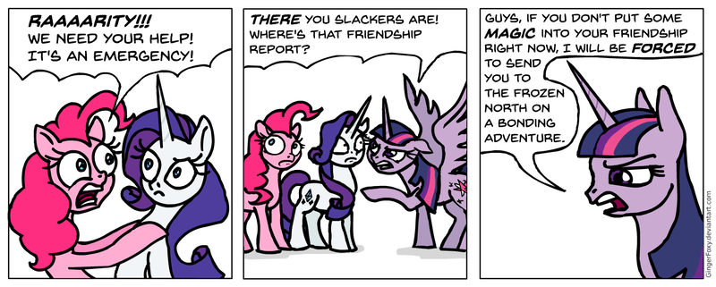 Size: 1466x588 | Tagged: safe, artist:gingerfoxy, derpibooru import, pinkie pie, rarity, twilight sparkle, twilight sparkle (alicorn), alicorn, pony, unicorn, pony comic generator, friendship is magic, comic, friendship, friendship report, glare, grabbing, hyper strict twilight, pointing, scared, serious, serious face, spread wings, stare, stern, threat, ultimatum, wings