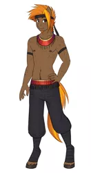 Size: 468x887 | Tagged: suggestive, artist:askbubblelee, derpibooru import, oc, oc:singe, unofficial characters only, anthro, unguligrade anthro, anthro oc, clothes, freckles, looking at you, male, pants, partial nudity, simple background, smiling, solo, solo male, topless