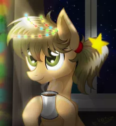 Size: 1774x1921 | Tagged: safe, artist:lol-katrina, derpibooru import, oc, unofficial characters only, earth pony, pony, christmas, christmas lights, coffee mug, female, holiday, hoof hold, mare, mug, smiling, solo