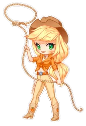 Size: 1280x1871 | Tagged: applejack, artist:nukababe, belly button, boots, chibi, clothes, derpibooru import, front knot midriff, human, humanized, jeans, jewelry, lasso, light skin, midriff, necklace, pants, rope, safe, simple background, solo, transparent background