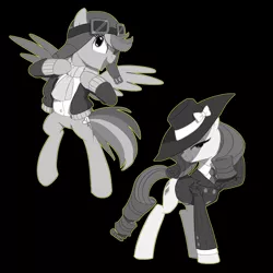 Size: 1000x1000 | Tagged: safe, artist:carnifex, derpibooru import, rainbow dash, rarity, pegasus, pony, unicorn, rarity investigates, aviator hat, black background, clothes, detective, detective rarity, duo, female, goggles, hat, mare, monochrome, simple background