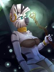 Size: 900x1200 | Tagged: anthro, artist:passigcamel, breasts, busty zecora, cleavage, clothes, derpibooru import, female, loincloth, solo, solo female, staff, suggestive, zebra, zecora