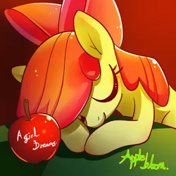 Size: 1200x1200 | Tagged: safe, artist:renokim, derpibooru import, apple bloom, pony, adorabloom, apple, bow, cute, female, filly, food, hair bow, sleeping, smiling, solo