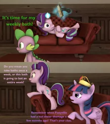 Size: 1920x2160 | Tagged: safe, artist:red4567, derpibooru import, spike, starlight glimmer, twilight sparkle, twilight sparkle (alicorn), alicorn, dragon, pony, 3d, bath, big crown thingy, book, couch, crown, dialogue, jewelry, magic, regalia, source filmmaker