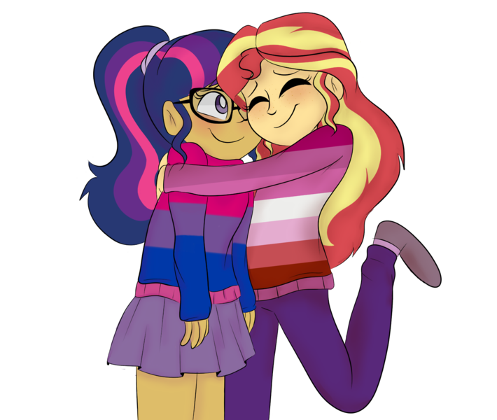 Size: 1280x1082 | Tagged: safe, artist:sunsetslight, derpibooru import, sci-twi, sunset shimmer, twilight sparkle, equestria girls, alternate costumes, bi twi, bilight sparkle, bisexual pride flag, blushing, clothes, cute, duo, eyes closed, female, gay pride, hug, human coloration, lesbian, lesbian pride flag, pride, pride month, rainbow, scitwishimmer, shimmerbetes, shipping, simple background, skirt, sunsetsparkle, sweater, transparent background, twiabetes