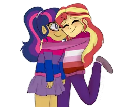 Size: 1280x1082 | Tagged: safe, artist:sunsetslight, derpibooru import, sci-twi, sunset shimmer, twilight sparkle, equestria girls, alternate costumes, bi twi, bilight sparkle, bisexual pride flag, blushing, clothes, cute, duo, eyes closed, female, gay pride, hug, human coloration, lesbian, lesbian pride flag, pride, pride month, rainbow, scitwishimmer, shimmerbetes, shipping, simple background, skirt, sunsetsparkle, sweater, transparent background, twiabetes