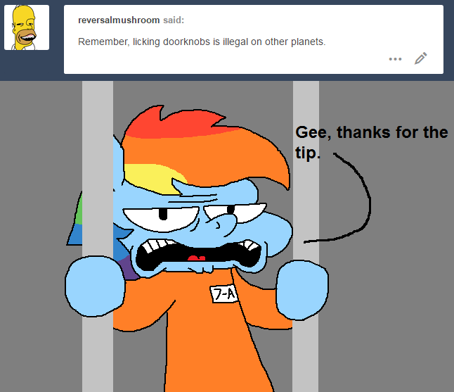 Size: 646x557 | Tagged: safe, artist:rainbowdashsmailbag, derpibooru import, rainbow dash, pegasus, pony, ask, bars, cleft chin, clothes, dialogue, jail, one krabs trash, open mouth, prison, prison outfit, prisoner rd, rainbowdashsmailbag, reference, reversalmushroom, solo, spongebob squarepants, tumblr