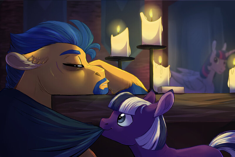 Size: 1024x683 | Tagged: safe, artist:vindhov, derpibooru import, flash sentry, twilight sparkle, twilight sparkle (alicorn), oc, oc:inkwell, alicorn, pony, beard, candle, cloak, clothes, colt, drunk, facial hair, male, mouth hold, offspring, parent:flash sentry, parent:twilight sparkle, parents:flashlight, scar